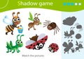 Shadow Game for kids. Match the right shadow. Color images of cartoon insects. Worker ant, grasshopper, spider, ladybug and bee. Royalty Free Stock Photo