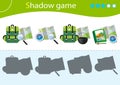 Shadow Game for kids. Match the right shadow. Tourist sets. Backpack with bowler, map and compass. Worksheet vector design for