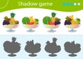 Shadow Game for kids. Match the right shadow. Vases with fruits and berries. Grape, apple, kiwi, watermelon, banana, pineapple.