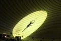 Shadow of gymnast of balancing actor performing number high above circus arena