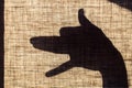 The shadow of the hand and fingers in the form of a dog shaped mark on flax canvas. Royalty Free Stock Photo