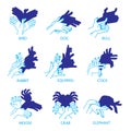 Shadow Hand Puppets on a White Background for Your Design. Shadow Theater or Shadow Play. Set. Bird, dog, bull Royalty Free Stock Photo