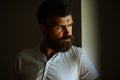 Shadow male face. Close up portrait of guy with serious profile face. Handsome man with serious face.