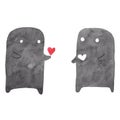 Shadow man cartoon characters are fall in love watercolor illustration and red heart.