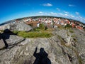 Shadow of man making peace sign on island Royalty Free Stock Photo