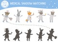 Shadow matching activity for children with cute animal doctors. Medicine or healthcare preschool puzzle. Cute medical educational