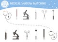 Shadow matching activity for children with medical equipment. Medicine or healthcare preschool puzzle. Cute health check