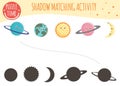 Shadow matching activity for children. Space topic