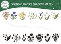 Shadow matching activity for children with spring flowers. Preschool garden themed puzzle. Cute floral educational riddle. Find