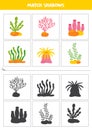 Find shadows of cute sea weed and actinia. Cards for kids