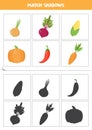 Find shadows of cartoon vegetables. Cards for kids.
