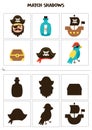 Find shadows of cartoon pirate elements. Cards for kids.