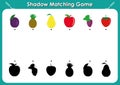 Shadow matching game, activity page for kids. Find the right, correct shadow task for kids preschool, fruits and shadows