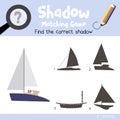 Shadow matching game Catamaran cartoon character side view vector illustration