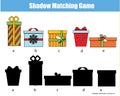 Shadow matching game. Kids activity with gift boxes. Christmas, new Year theme
