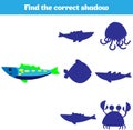 Shadow matching game for children. Find the right shadow. Activity for preschool kids. Theme mermaid sea, ocean, fish. Vector illu