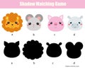 Shadow matching game. Kids activity with cute animals faces Royalty Free Stock Photo