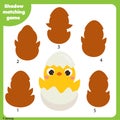 Shadow matching game for children. Kids activity with cute chicken. Learning page for toddlers