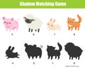 Shadow matching game for children. Kids activity with cute farm animals. Learning page for toddlers Royalty Free Stock Photo