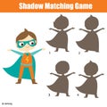 Shadow matching game. Find silhouettes of super kid. Educational children activity Royalty Free Stock Photo