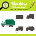 Shadow matching game Garbage Truck cartoon character side view vector illustration Royalty Free Stock Photo