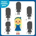 Shadow matching game. Kids activity with girl