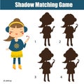 Shadow matching game. Kids activity with girl holding candy canes. Christmas, new Year theme