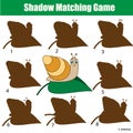 Shadow matching game. Kids activity with snail. Animals theme