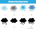 Shadow matching game. Kids educational activity with cute clouds. Learning weather theme