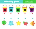 Shadow matching game. Summertime beach theme Kids activity. Find silhouettes of objects