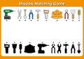 Shadow matching game Tools to Repair , activity page for kids. Find the right, correct shadow task for kids preschool