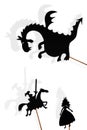Shadow puppets of dragon, princess and knight on white backgroun Royalty Free Stock Photo