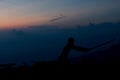 Shadow of Samurai with sword practice fencing and beautiful mountain view