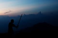 Shadow of Samurai with sword practice fencing and beautiful mountain view Royalty Free Stock Photo