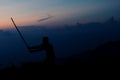 Shadow of Samurai with sword practice fencing and beautiful mountain view