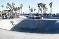 Shadow of skater in halfpipe at Venice Beach skatepark, Venice Beach, Los Angeles, California