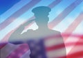 Shadow of soldier in front of american flag