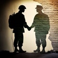 The shadow of two men on the wall in different military uniforms shaking hands, symbolizes a truce