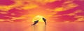 Dolphins by sunset - 3D render Royalty Free Stock Photo