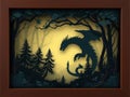 a shadowbox type image with no more than 10 layers. The image should be a dragon in a forest. each layer should be a single, flat