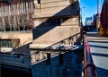 Shadows of bridge cast across concrete bridgehouse located on LaSalle Street Bridge in downtown Chicago`s Loop.
