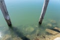 Shadows cast by two gnarly old waterfront poles