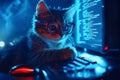 In the shadows, a cat hacker is at a computer, digital information gleaming in its glasses, representing spy activities