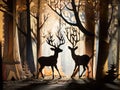 Shadows of deer among the shadows of trees and plants. Royalty Free Stock Photo