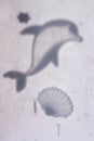 Shadows of a dolphin and cockleshells from stickers on glass.