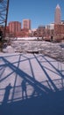 Shadows fall over the frozen Cuyahoga River in Cleveland, Ohio