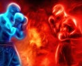 Shadows formed by red and blue sparks form boxers fighting in the ring.generative AI