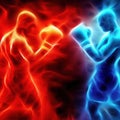 Shadows formed by red and blue sparks form boxers fighting in the ring.generative AI