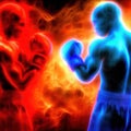 Shadows formed by red and blue sparks form boxers fighting in the ring.generative AI