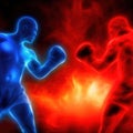 Shadows formed by red and blue sparks form boxers fighting in the ring.generative AI